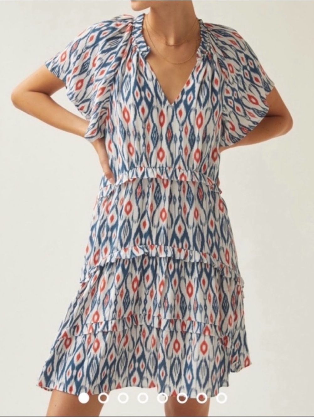 Anthropologie Blue & Red Ikat Tiered V‑Neck Mini Dress